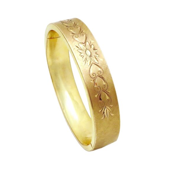 Vintage 12K Gold Filled Art Deco Flower & Hearts Hinged Bangle Bracelet 1930s - Picture 1 of 10